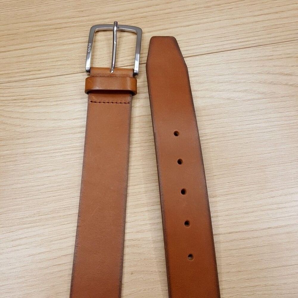 HUGO BOSS Belt Mens Size 42 Cognac Brown Genuine Leather Silver Buckle JOR